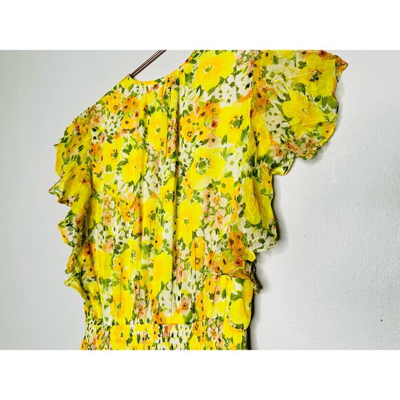 SHOSHANNA Yellow Floral Chiffon Short Flutter Sleeve Ruffle Hemline Dress size 0 - Picture 11 of 13